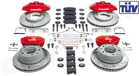 CARGRAPHIC Sport Brake Kit - - with red brake calipers<br>
- FA 4-piston Alloy Monoblock<br>
- RA 2-piston Alloy<br>
- FA rotors 283x24mm<br>
- RA rotors 290x24mm<br>
- fits with 15" Fuchs wheels<br>
- with TÜV certificate<br>
<b>Part No.</b> CARP11353VHR