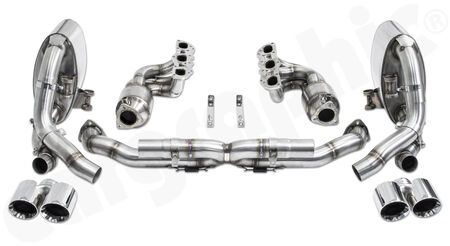 CARGRAPHIC Sport Exhaust System Cylinderhead-Back - - Manifold set with 2x200cpsi<br> 
&nbsp &nbspØ130mm OBD2 HD Tri-metal catalytic converters<br>
- Centre silencer replacement pipe "X"<br>
- Sport rear silencer set without exhaust valves<br>
- 2x 89mm double-end tailpipe set<br>
<b>Part No.</b> PERP97DFIKITX