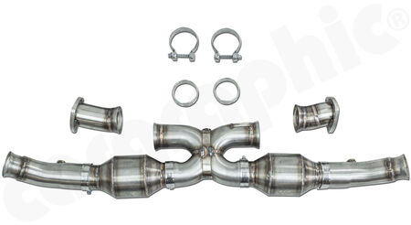 CARGRAPHIC Sport Catalytic Converter Set X - - to be used with <b>GILLET</b> link pipes<br>
- X-Pipe construction<br>
- 2x 100 cpsi MS catalytic converters<br>
<b>Part No.</b> CARP93NGTKATXG