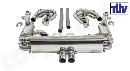 CARGRAPHIC GT Sport Exhaust System - - ID 45mm GT - Manifoldset<br>
- with heating<br>
- 2x 200 cpsi catalytic converters<br>
- 2x exhaust valves <b>pressureless closed (PLC)</b><br>
- <b>4>2 flow</b> sport rear silencer<br>
- Tailpipe variations Center Outlet<br>
<b>Part No.</b> CARP64GTKITCOFLAP45