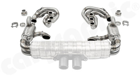 CARGRAPHIC GT Sport Exhaust System - - ID 45mm GT - Manifoldset<br>
- with heating<br>
- 2x 200 cpsi catalytic converters<br>
- 2x exhaust valves <b>pressureless closed (PLC)</b><br>
- to be used with <b>OEM GT3</b> sport rear silencer<br>
<b>Part No.</b> CARP64GTKITCOFLAPGT345