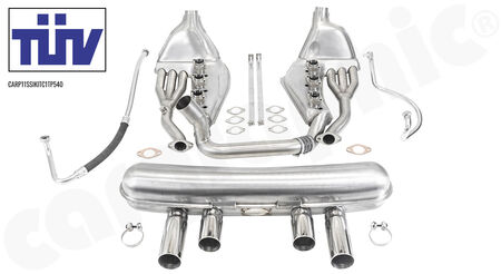 CARGRAPHIC Sport Exhaust System - - Standard SSI heat exchanger ID 38mm<br>
- <b>Dual flow</b> sport rear silencer ID 55>61mm<br>
- <b>ST-look</b> tailpipes with <b>540mm</b> CTC<br>
- TUEV certificate<br>
<b>Part No.</b> CARP11SSIKITC1TP540
