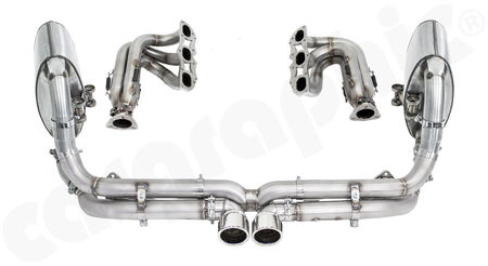 CARGRAPHIC Sport Exhaust System Cylinderhead-Back GT3-Look - - Manifold set without catalytic converters<br>
- Centre silencer replacement pipe "X"<br>
- Sport rear silencer set without exhaust valves<br>
- 2x 89mm double-end tailpipe set GT3-Look<br>
<b>Part No.</b> PERP97DFIKITXERGT3