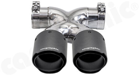 CARGRAPHIC Sport Double-End Tailpipe "X" - - 2x 89mm round<br>
- <b>Visual-Carbon Matt finish / CARGRAPHIC Logo</b><BR>
- with stainless steel liner <b>matt-black</b><BR>
- for CARGRAPHIC and original rear silencer <br>
<b>Part No.</b> CARP87ER35XKEVTPCG