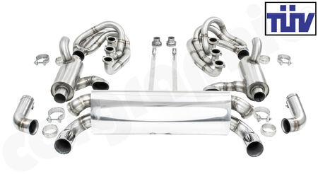 CARGRAPHIC GT Sport Exhaust System - - ID 42mm GT - Manifoldset<br>
- with heating<br>
- 2x 200 cpsi catalytic converters<br>
- <b>dual flow AQ</b> sport rear silencer<br>
- <b>RSR-look</b> tailpipes with <b>740mm</b> CTC<br>
- with TÜV certificate<br>
<b>Part No.</b> CARP64GTKITLHRH740