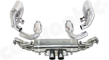 Motorsport Exhaust System Cargraphic R-Manifold Back - - 2x200cpsi Ø130mm OBD2 HD Tri-metal catalytic converters<br>
- Final silencer with integrated exhaust valves<br>
- OBD2 compliant<br>
<b>Part.No.</b> PERP97GT3RKIT2200MBFLAP