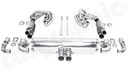 CARGRAPHIC GT Sport Exhaust System - - ID 42mm GT - Manifoldset<br>
- without heating<br>
- 2x 200 cpsi catalytic converters<br>
- 2x exhaust valves <b>pressureless closed (PLC)</b><br>
- <b>4>2 flow</b> sport rear silencer<br>
- Tailpipe variations Center Outlet<br>
<b>Part No.</b> CARP64GTKITCOFLAP1
