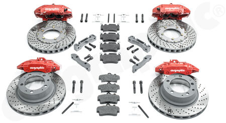 CARGRAPHIC Sport Brake Kit - - with red brake calipers<br>
- FA 4-piston Alloy Monoblock<br>
- RA 4-piston Alloy Monoblock<br>
- FA rotors 304x32mm<br>
- RA rotors 309x28mm<br>
- fits with 16" Fuchs wheels<br>
<b>Part No.</b> CARP11355VHR