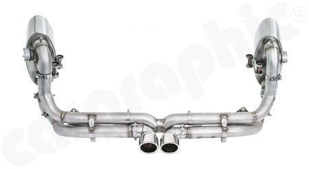 Sport Exhaust System Cat-Back GT3-Look - - Centre silencer replacement pipe "X"<br>
- Sport rear silencer set with 2x exhaust valves<br>
- 2x 89mm double-end tailpipe set GT3-Look<br>
<b>Part No.</b> PERP97DFIKITXFLAPCBGT3