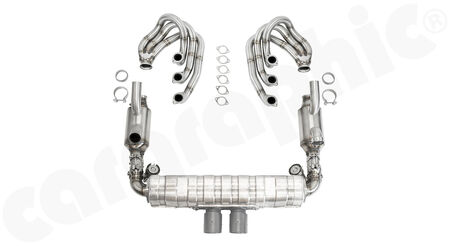 CARGRAPHIC GT Sport Exhaust System - - ID 42mm GT - Manifoldset<br>
- with heating<br>
- no catalytic converters<br>
- with pre silencers / resonators<br>
- 2x exhaust valves <b>pressureless closed (PLC)</b><br>
- to be used with <b>OEM GT3</b> sport rear silencer<br>
<b>Part No.</b> CARP11GTKITCOFLAPGT33