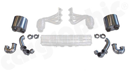 CARGRAPHIC Sport Exhaust System Kit 2 - - For use with OE manifolds / catalytic converters<br>
- With integrated exhaust valves<br>
- For use with OE final silencer<br>
- Especially quiet motorsport version<br>
- Weight saving over OE system: 7,5kg<br>
- <b>Part.No.</b> CARP97GT3KIT2