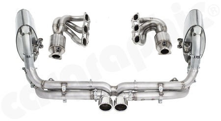 CARGRAPHIC Sport Exhaust System Cylinderhead-Back GT3-Look - - Manifold set with 2x200cpsi<br> 
&nbsp &nbspØ130mm OBD2 HD Tri-metal catalytic converters<br>
- Centre silencer replacement pipe "X"<br>
- Sport rear silencer set without exhaust valves<br>
- 2x 89mm double-end tailpipe set GT3-Look<br>
<b>Part No.</b> PERP97DFIKITXGT3
