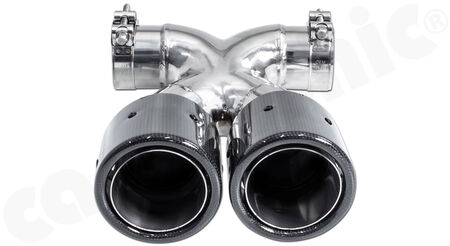 CARGRAPHIC Sport Double-End Tailpipe "X" - - 2x 100mm round<br>
- <b>Visual Carbon Gloss finish with stainless steel liners</b><br>
- for CARGRAPHIC and original rear silencer <br>
<b>Part No.</b> PERP87ER40RXKEVG