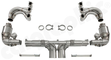 CARGRAPHIC Sport Exhaust System Kit 6 - LW - - 2x200cpsi Ø130mm OBD2 HD Tri-metal catalytic converters<br>
- With integrated exhaust valves<br>
- Lightweight incl. final silencer repacement pipe<br>
- Weight saving over OE system: 19,5kg<br>
- <b>Part.No.</b> CARP97GT3KIT6LW