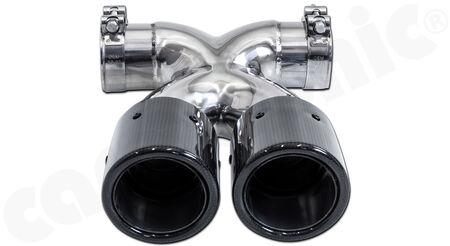 CARGRAPHIC Sport Double-End Tailpipe "X" - - 2x 89mm round<br>
- <b>Visual Carbon Gloss finish with stainless steel liners</b><br>
- also suitable for factory rear silencer<br>
<b>Part No.</b> PERP87ER35RXKEVG