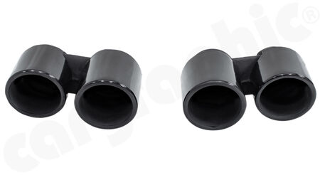 CARGRAPHIC Double-end Sport Tailpipe Set - for cars with <b>Porsche Sport Exhaust</b><br>
or equipped with <b>CARGRAPHIC exhaust</b><br>
- 2x 89mm round, rolled-in<br>
- <b>Gloss-Black enamelled</b><br>
<b>Part No.</b> PERP91ERSENA