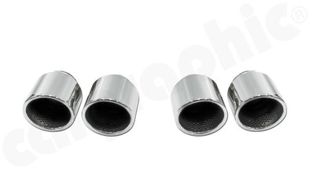 CARGRAPHIC Double-End Tailpipe Set - - 2x 100mm round, rolled in, slash-cut<br>
- with perforated insert<br>
- <b>Stainless steel mirror polished</b><br>
<b>Part No.</b> CARP71ER40R