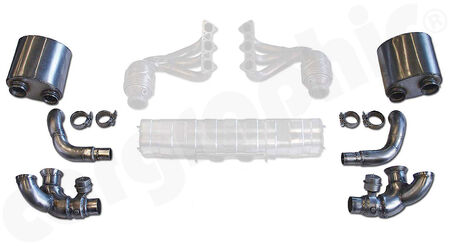 CARGRAPHIC Sport Exhaust System Kit 1 - - For use with OE manifolds / catalytic converters<br>
- With integrated exhaust valves<br>
- For use with OE final silencer<br>
- Weight saving over OE system: 7,5kg<br>
- <b>Part.No.</b> CARP97GT3KIT138
