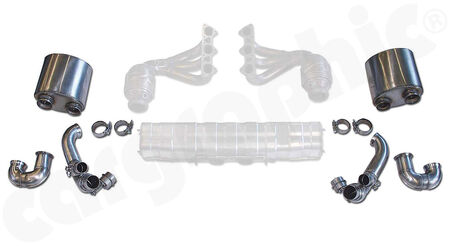 CARGRAPHIC Sport Exhaust System Kit 2 - - For use with OE manifolds / catalytic converters<br>
- With integrated exhaust valves<br>
- For use with OE final silencer<br>
- Especially quiet motorsport version<br>
- Weight saving over OE system: 7,5kg<br>
- <b>Part.No.</b> CARP97GT3KIT238