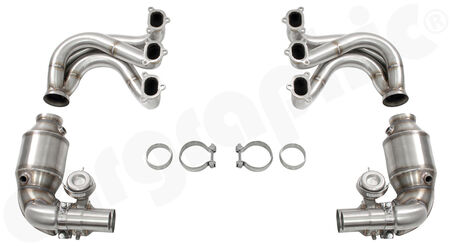 CARGRAPHIC Sport Exhaust System Kit 6 - - 2x200cpsi Ø130mm<br> 
&nbsp &nbspOBD2 HD Tri-metal catalytic converters<br>
- With integrated exhaust valves<br>
- For use with OE final silencer<br>
- Weight saving over OE system: 17,5kg<br>
- <b>Part.No.</b> CARP97GT3KIT638