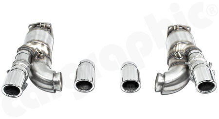CARGRAPHIC Sport Catalytic Converter Set - - 2x 200 cpsi HD catalytic converters<br>
- integrated 2x exhaust valves<br>
- 2x 76mm double-end tailpipe set<br>
- only to be used with CARGRAPHIC silencers<br>
<b>Part No.</b> CARP97TKATFLAPOBD2
