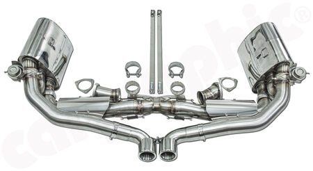 CARGRAPHIC Manifold-Back Sport Exhaust System N-GTX - - to be used with Gillet link pipes<br>
- 2x 200 cpsi catalytic converters<br>
- 2x exhaust valves - <b>pressureless closed (PLC)</b><br>
- Tailpipes center outlet<br>
<b>Part No.</b> CARP93NGTCOKITGFLAP