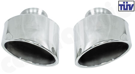 CARGRAPHIC Tailpipe Set - - 122x85mm oval, rolled in, slash cut following the valance<br>
- Version: <b>mirror polished</b><br>
- with TÜV certificate<br>
<b>Part No.</b> CARP93EROS