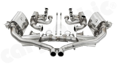 CARGRAPHIC Sport Exhaust System N-GTX - - ID42 Manifolds with heating<br>
- 2x 200 cpsi catalytic converters<br>
- 2x exhaust valves - <b>pressureless closed (PLC)</b><br>
- Tailpipe center outlet<br>
<b>Part No.</b> CARP93NGTKITXCOGHFLAP