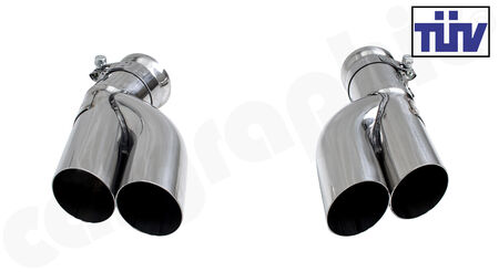 CARGRAPHIC Double End-Tailpipe Set - - Version: 2xØ61mm, round, open<br>
- Mirror Polished<br>
- with TÜV certificate<br>
<b>Part No.</b> CARP65ER