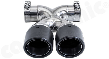 CARGRAPHIC Sport Double-End Tailpipe "X" - - 2x 89mm round<br>
- <b>Visual Carbon Matt finish with stainless steel liners</b><br>
- for CARGRAPHIC and original rear silencer <br>
<b>Part No.</b> PERP87ER35RXKEV