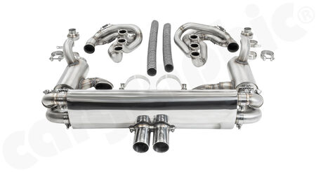 CARGRAPHIC GT Sport Exhaust System - - ID 45mm GT - Manifoldset<br>
- with heating<br>
- no catalytic converters<br>
- with pre silencers / resonators<br>
- no exhaust valves<br>
- <b>4>2 flow</b> sport rear silencer<br>
- Tailpipe variations Center Outlet<br>
<b>Part No.</b> CARP64GTKITCO4504