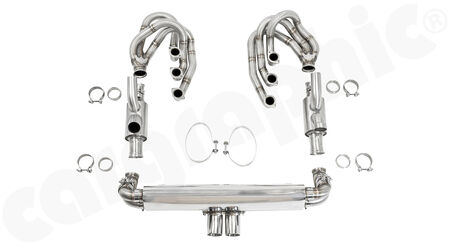 CARGRAPHIC GT Sport Exhaust System - - ID 42mm GT - Manifoldset<br>
- with heating<br>
- 2x 200 cpsi catalytic converters<br>
- no exhaust valves<br>
- <b>4>2 flow</b> sport rear silencer<br>
- Tailpipe variations Center Outlet<br>
<b>Part No.</b> CARP11GTKITCO964
