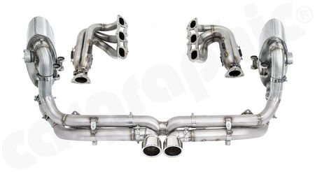 CARGRAPHIC Sport Exhaust System Cylinderhead-Back GT3-Look - - Manifold set without catalytic converters<br>
- Centre silencer replacement pipe "X"<br>
- Sport rear silencer set with 2x exhaust valves<br>
- 2x 89mm double-end tailpipe set GT3-Look<br>
<b>Part No.</b> PERP97DFIKITXERFLAPGT3