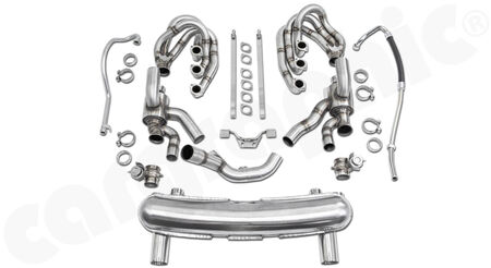 CARGRAPHIC Sport Exhaust System - - ID 42mm GT - Manifoldset<br>
- with heating<br>
- 2x 100 cell MOTORSPORT catalytic converters<br>
- 2x exhaust valves - <b>pressureless closed (PLC)</b><br>
- <b>dual flow AQ</b> sport rear silencer ID 61mm<br>
- Tailpipe variations<br>
<b>Part No.</b> CARP11GTKITFLAPHXKATC1