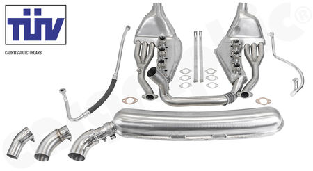 CARGRAPHIC Sport Exhaust System - - Standard SSI heat exchanger ID 38mm<br>
- <b>2>1 flow</b> sport rear silencer ID 55>61mm<br>
- <b>Sleeve fit </b> tailpipe, 60-, 75- or 89mm<br>
- TUEV certificate<br>
<b>Part No.</b> CARP11SSIKITC1TPCAR3