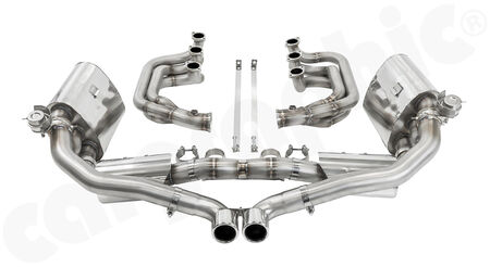 CARGRAPHIC Sport Exhaust System N-GTX - - ID45 Manifolds without heating<br>
- 2x 200 cpsi catalytic converters<br>
- 2x exhaust valves - <b>pressureless closed (PLC)</b><br>
- Tailpipe center outlet<br>
<b>Part No.</b> CARP93NGTKITXCOGFLAP1