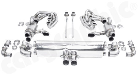 CARGRAPHIC GT Sport Exhaust System - - ID 42mm GT - Manifoldset<br>
- with heating<br>
- 2x 200 cpsi catalytic converters<br>
- 2x exhaust valves <b>pressureless closed (PLC)</b><br>
- <b>4>2 flow</b> sport rear silencer<br>
- Tailpipe variations Center Outlet<br>
<b>Part No.</b> CARP64GTKITCOFLAP