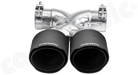 CARGRAPHIC Sport Double-End Tailpipe "X" - - 2x 100mm round<br>
- <b>Visual-Carbon Matt finish / CARGRAPHIC Logo</b><BR>
- with stainless steel liner <b>matt-black</b><BR>
- for CARGRAPHIC and original rear silencer <br>
<b>Part No.</b> CARP87ER40XKEVTPCG