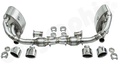 CARGRAPHIC Sport Exhaust System N-GTX - - to be used with Gillet link pipes<br>
- 2x 200 cpsi catalytic converters<br>
- 2x exhaust valves<br>
- Tailpipe variations<br>
<b>Part No.</b> CARP93NGTKATXGKITFLAP