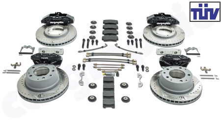 CARGRAPHIC Sport Brake Kit - - with black brake calipers<br>
- FA 4-piston Alloy Monoblock<br>
- RA 2-piston Alloy<br>
- FA rotors 283x24mm<br>
- RA rotors 290x24mm<br>
- fits with 15" Fuchs wheels<br>
- with TÜV certificate<br>
<b>Part No.</b> CARP11353VH
