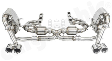 CARGRAPHIC Sport Exhaust System - - Manifold set 1,75"/45mm primary diameter <br>
- X-Pipe with 2x 200 cpsi catalytic converters<br>
- Sport rear silencer set with 2x exhaust valves<br>
- 2x 89mm double-end tailpipe set<br>
<b>Part No.</b> PERP97KITXFLAP