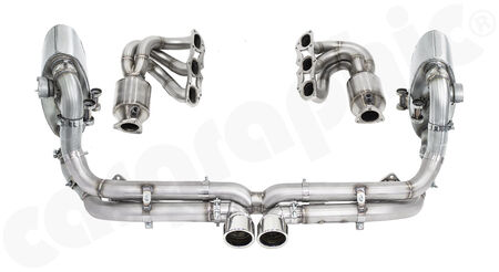 CARGRAPHIC Sport Exhaust System Cylinderhead-Back GT3-Look - - Manifold set with 2x200cpsi<br> 
&nbsp &nbspØ130mm OBD2 HD Tri-metal catalytic converters<br>
- Centre silencer replacement pipe "X"<br>
- Sport rear silencer set with 2x exhaust valves<br>
- 2x 89mm double-end tailpipe set GT3-Look<br>
<b>Part No.</b> PERP97DFIKITXFLAPGT3