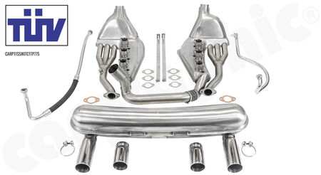 CARGRAPHIC Sport Exhaust System - - Standard SSI heat exchanger ID 38mm<br>
- <b>Dual flow</b> sport rear silencer ID 55>61mm<br>
- <b>ST-look</b> tailpipes with <b>775mm</b> CTC<br>
- TUEV certificate<br>
<b>Part No.</b> CARP11SSIKITC1TP775