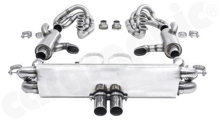 CARGRAPHIC GT Sport Exhaust System - - ID 42mm GT - Manifoldset<br>
- with heating<br>
- no catalytic converters<br>
- with pre silencers / resonators<br>
- no exhaust valves<br>
- <b>4>2 flow</b> sport rear silencer<br>
- Tailpipe variations Center Outlet<br>
<b>Part No.</b> CARP64GTKITCO4