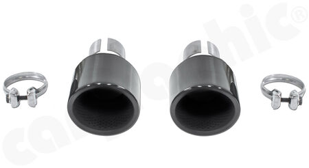 CARGRAPHIC Sport Tailpipe Set - - 2x 100mm round, rolled-in<br>
- <b>Gloss-Black enamelled</b> with perforated insert<br>
- Adapter kit for fitting to OEM rear silencer<br>
<b>Part No.</b> CARP82GT4ER2100RENAOE