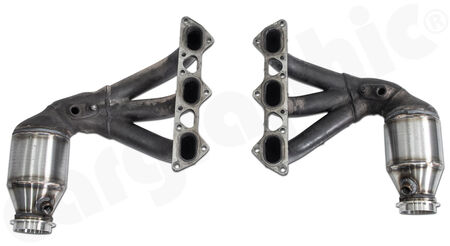 OEM Manifold Set modified - - Conversion to <b>sport catalytic converters</b><br>
- <b>2x 200cpsi Ø120mm T-38 HD Tri-Metal</b><br>
- fully OBD2 compliant / no ECU Upgrade required<br>
- In exchange<br>
<b>Part No.</b> CARP97GT3FKAT