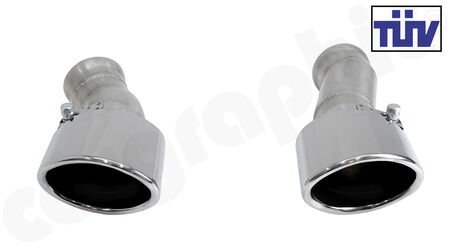 CARGRAPHIC Tailpipe Set - - Version: 122x85mm, oval, slash cut, rolled in<br>
- Mirror Polished<br>
- with TÜV certificate<br>
<b>Part No.</b> CARP65EROS