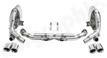 Sport Exhaust System Cat-Back - - Centre silencer replacement pipe "X"<br>
- Sport rear silencer set without exhaust valves<br>
- 2x 89mm double-end tailpipe set<br>
<b>Part No.</b> PERP97DFIKITXCB