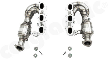 CARGRAPHIC Longtube Manifold Set - - with 1,75" / 45mm primary diameter <br>
- 2x 100 cpsi HD PE MS catalytic converters<br>
- not OBD2 compliant<br>
<b>Part No.</b> CARP87DFIFKR45100