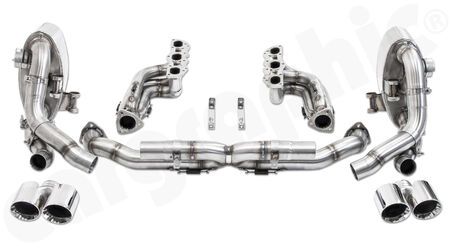 CARGRAPHIC Sport Exhaust System Cylinderhead-Back - - Manifold set without catalytic converters<br>
- Centre silencer replacement pipe "X"<br>
- Sport rear silencer set with 2x exhaust valves<br>
- 2x 89mm double-end tailpipe set<br>
<b>Part No.</b> PERP97DFIKITXERFLAP